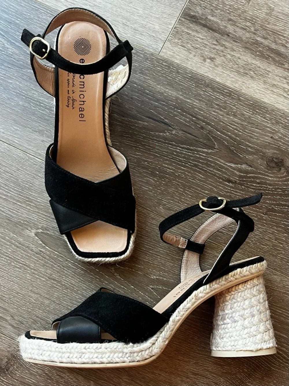 Black Leather Espadrille Block Heel Sandals Size 38 by Eric Michaels worn once